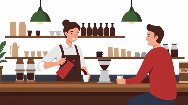 Flat vector a friendly barista is serving a customer at a cozy coffee shop, creating a welcoming atmosphere with warm lighting and a modern design