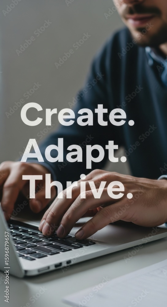 Poster man typing on laptop with motivational text create adapt thrive keyboard hands