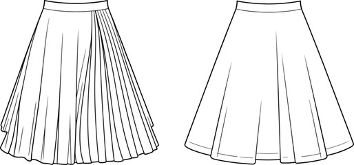 AD drawing flat vector illustration of pleated skirt and circle skirt pattern designs, fashion sketch, apparel template, sewing layout, garment construction, clothing detail