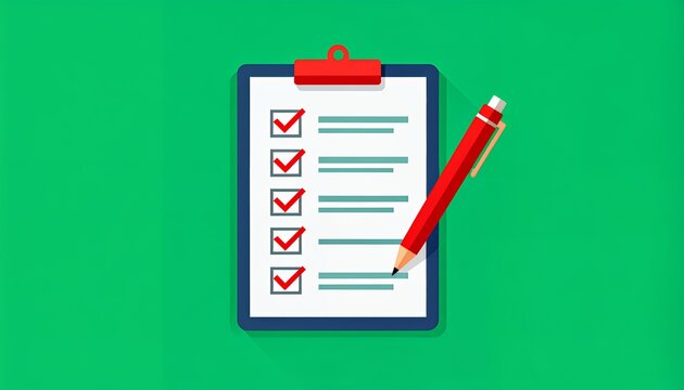 Flat Design Clipboard with Red Pencil and Checked List Items