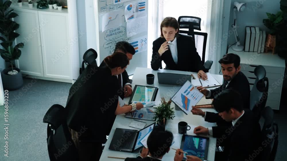 Poster top view of investor handed financial document to manager while explain marketing idea at meeting ta