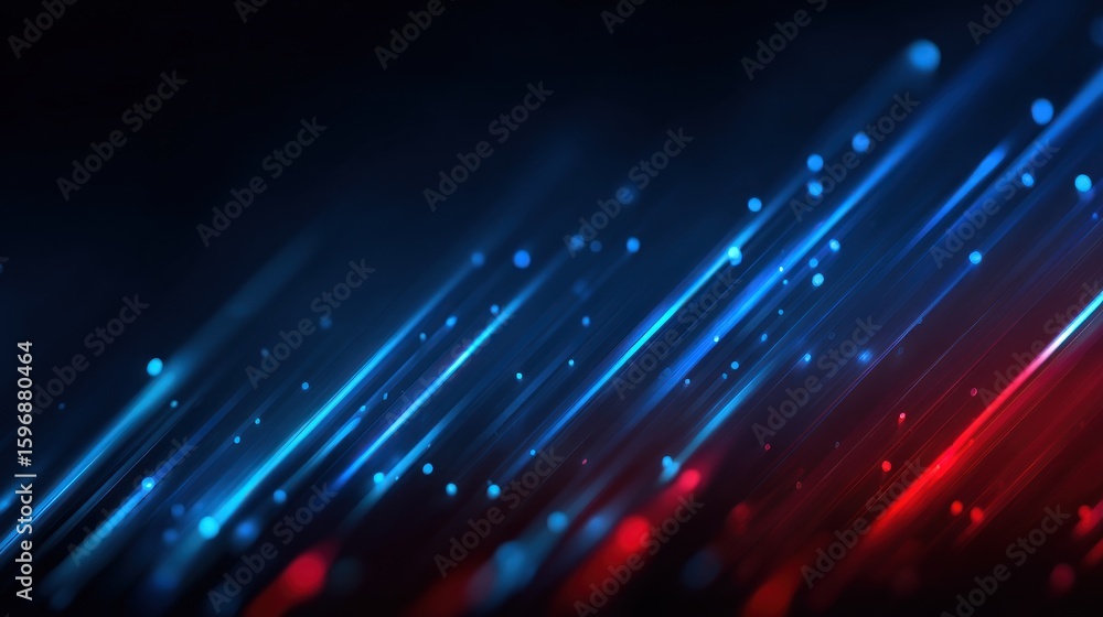 Poster dynamic diagonal lines of blue and red light with small glowing particles.