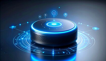 Futuristic, circular device with glowing blue accents and digital interface