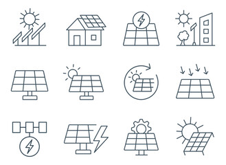 Solar Pannel Icon Set Vector | Solar energy, Renewable Power System Collection | Green, sustainable, electricity, sun, panel, generation, storage, smart city outline icons illustration
