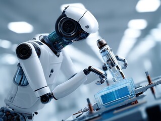 Advanced robotic arm precisely placing a microchip using cutting-edge technology in a futuristic lab setting