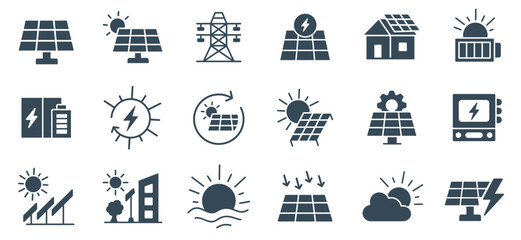 Solar Energy Power solid Icon set Vector | Solar panel, Renewable Electricity Grid Collection | Sun, panel, battery, pylon, generation, storage, smart city, filled icons illustration