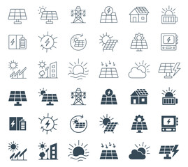 Solar Energy, Power Icon set Vector | Solar panel, Renewable Electricity Grid Collection | Sun, panel, battery, pylon, generation, storage, smart city, outline and glyph icons illustration