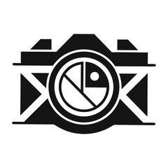 Stylized black silhouette of a camera with aperture detail isolated on white background silhouette
