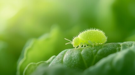 Fototapeta premium Tiny green insect perched on a lush green leaf