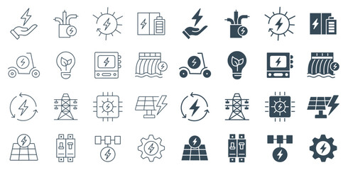 Electricity Power Energy Icon Pack | Generation, Storage, Distribution System | Solar, battery, lightbulb, dam, pylon, vehicle, outline, and glyph illustration