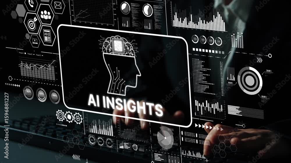 Poster futuristic concept of ai insights and data analysis in digital workspace with graphics and charts. a