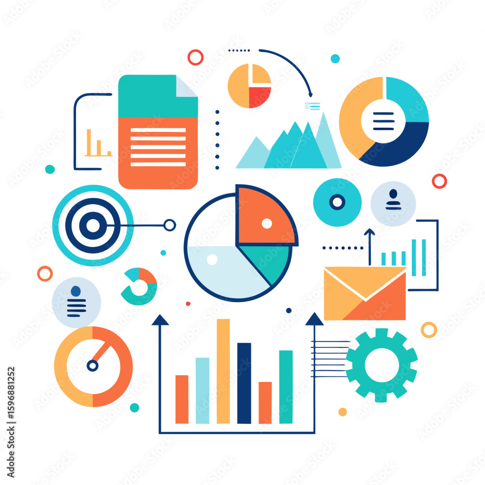 Poster colorful data visualization and analytics elements silhouette isolated on white background