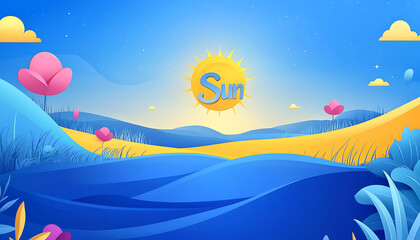 Cartoon sunny landscape background vector illustration with sun and flowers design 90