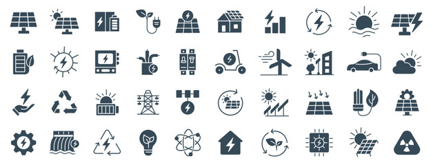 Solar Energy Icon Set Vector | Renewable Power, Sustainable Technology Collection | Solar panels, sustainability, Panel, sun, battery, pylon, generation, storage, smart home, glyph illustration
