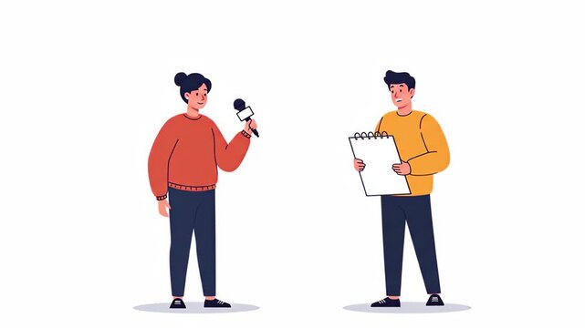 Flat vector a journalist is interviewing a person with a microphone and notepad, capturing news and information for a public report in a modern style