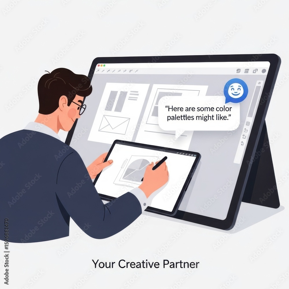 Aufkleber man using tablet and large screen for digital design collaboration image