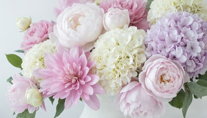 Bouquet of flowers includes pink peonies, white lilies, and pink roses. Circular pattern against white background. Vibrant flower colors against simple background.