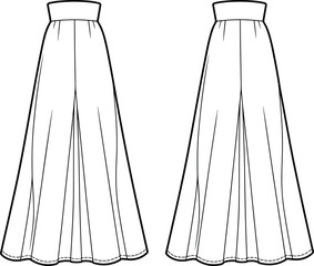 Cad Drawing Flat Vector Illustration, Pleated Flared Skirt Fashion Sketch, High Waist Design, Garment Construction, Apparel Template, Sewing Pattern