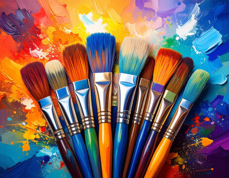 Paint brushes on a colorful paint background. Generated Image.