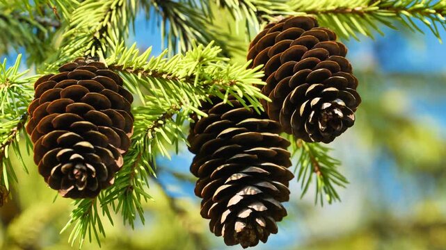 Spruce branch holding three beautiful pine cones against blue sky background