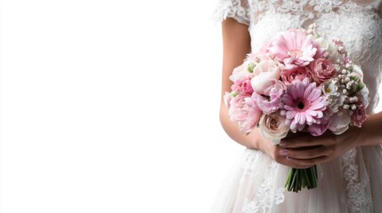 Fototapeta premium Bride holding a bouquet of pastel pink flowers