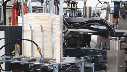 Elements of cardboard boxes are collected in stack. Conveyor line for the production of boxes. Machine cuts cardboard boxes from sheets of cardboard. Enterprise for  production package.