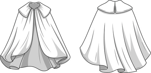 CAD drawing flat vector illustration, white cape fashion sketch, garment front back view, costume design template, stylish outerwear apparel, clothing outline, cloak detail