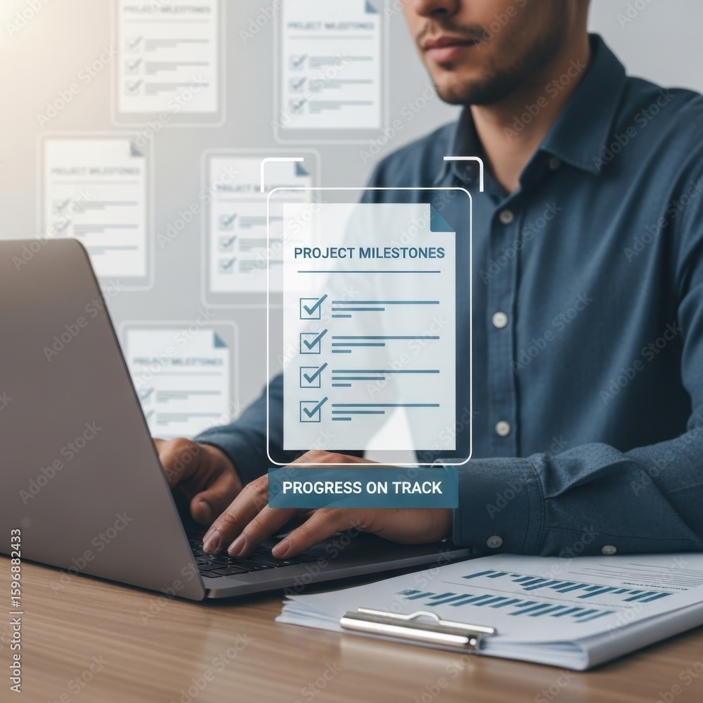 Poster man working on laptop with project milestones checklist and progress on track graphic image