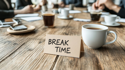 Coffee break during a meeting. Relaxing moment with hot drinks and conversations on a wooden table with a break time card. Time for a pause.