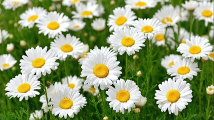 A field of white daisies with bright yellow centers.