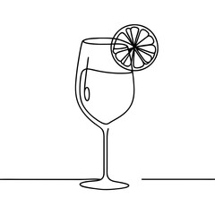 Glass of beverage with lemon slice in minimalist line art style  