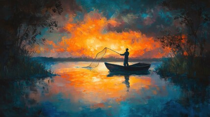 Naklejka premium Serene sunset fishing scene, tranquil water, fiery sky.