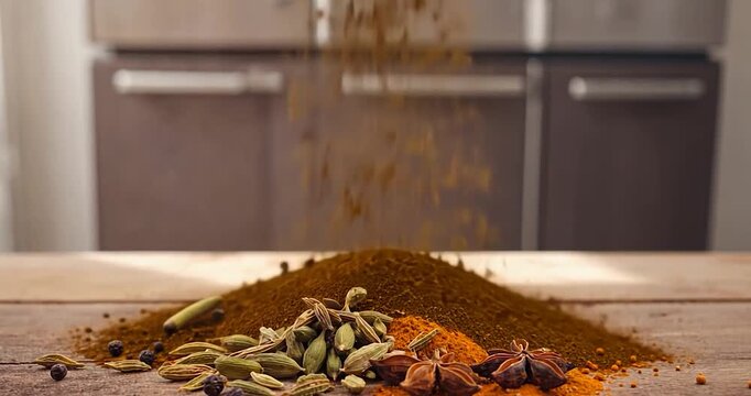 Spices falling on wooden surface
