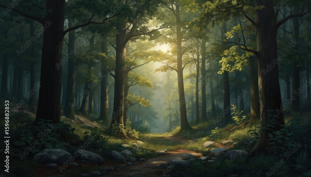 Poster towering trees with rich green leaves stand in dense forest. sunlight filters through foliage, casti