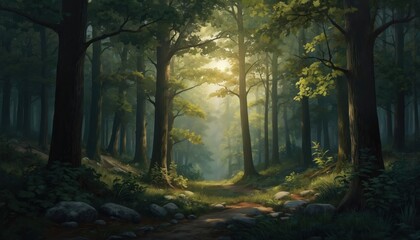 Fototapeta premium Towering trees with rich green leaves stand in dense forest. Sunlight filters through foliage, casting soft light on forest floor with scattered rocks. Tranquil forest scene from low angle