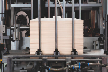 Elements of cardboard boxes are collected in stack. Conveyor line for the production of boxes....