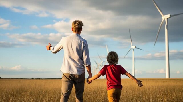 Father and son stand hand in hand in a field of wind turbines under a cloudy sky