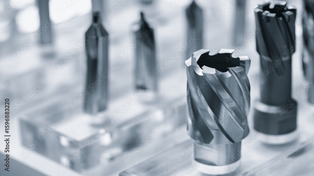 Poster various types of drill bitsmilling cutter . display is organized and bits are arranged in a way that