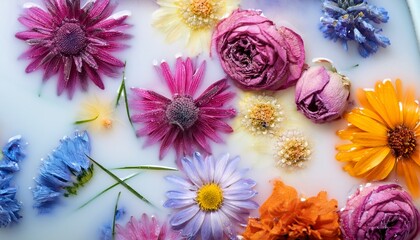 artistic background with close up of colorful wilted frozen flowers captured in ice water and milk