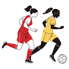Fototapeta premium Flat Vector Illustration of Female Soccer Players Competing, Sports Design, girls playing football Vector Set, Action Poses with Ball