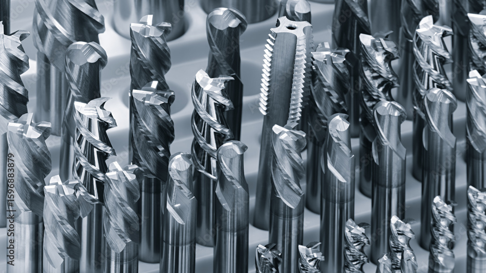 Poster various types of drill bitsmilling cutter . display is organized and bits are arranged in a way that