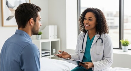 A friendly female doctor in a white coat and scrubs consults with a male patient, holding a clipboard and pen. 