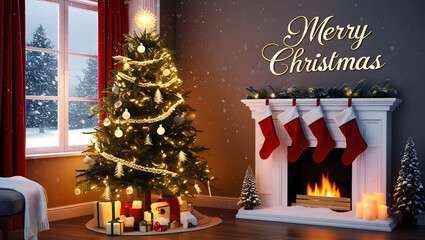 Cozy Christmas Living Room with Tree, Gifts, Fireplace and Snowfall