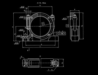 Scheme of machine part - rolling bearing housing.
Engineering mechanical drawing of steel 
device. Industrial design on paper sheet. 
Technology hand schematic diagram 
of machined building industry. 