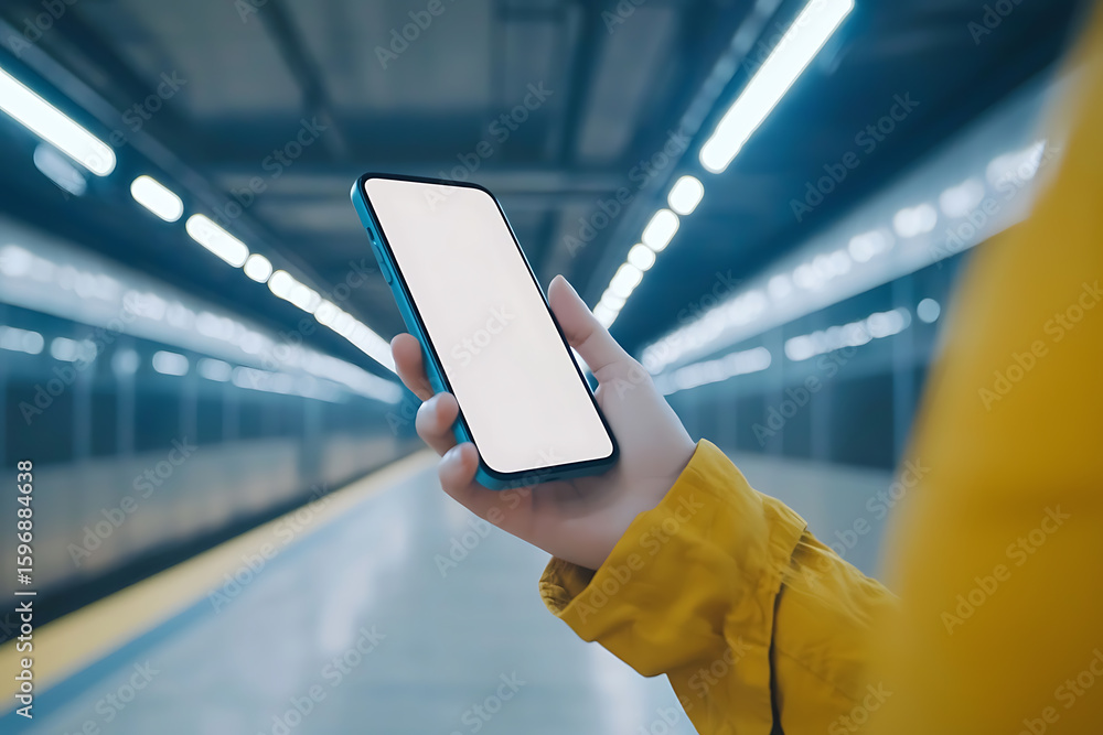 Poster mobile technology on the go: a person holds a phone with a blank screen in a modern transportation h