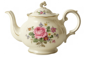 Delicate porcelain teapot featuring floral rose pattern, sitting on transparent backdrop, highlighting ornate tea vessel design