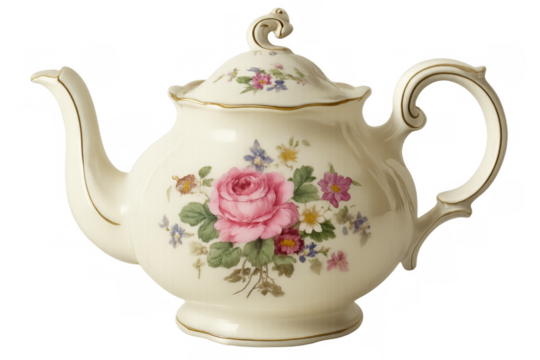 Delicate porcelain teapot featuring floral rose pattern, sitting on transparent backdrop, highlighting ornate tea vessel design
