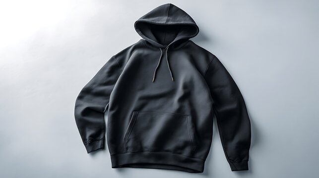 A black hoodie laid flat on a light background, perfect for printing a design 