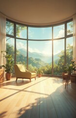 Fototapeta premium Modern living room interior with large curved window, wooden floor. Breathtaking view of mountain range. Comfortable green armchair, brown side table. Warm inviting color scheme with panoramic view