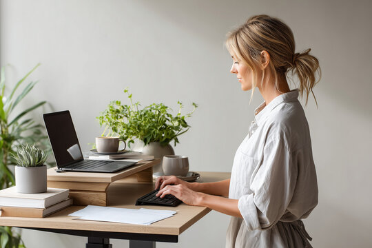 A young woman works diligently at a modern standing desk setup, featuring a laptop and keyboard, surrounded by plants in a bright, ergonomic home office or creative workspace.

